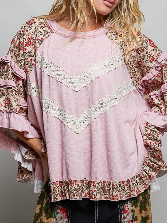 POL Tops - POL mauve Floral Print Ruffle Detail Loose Fit Top